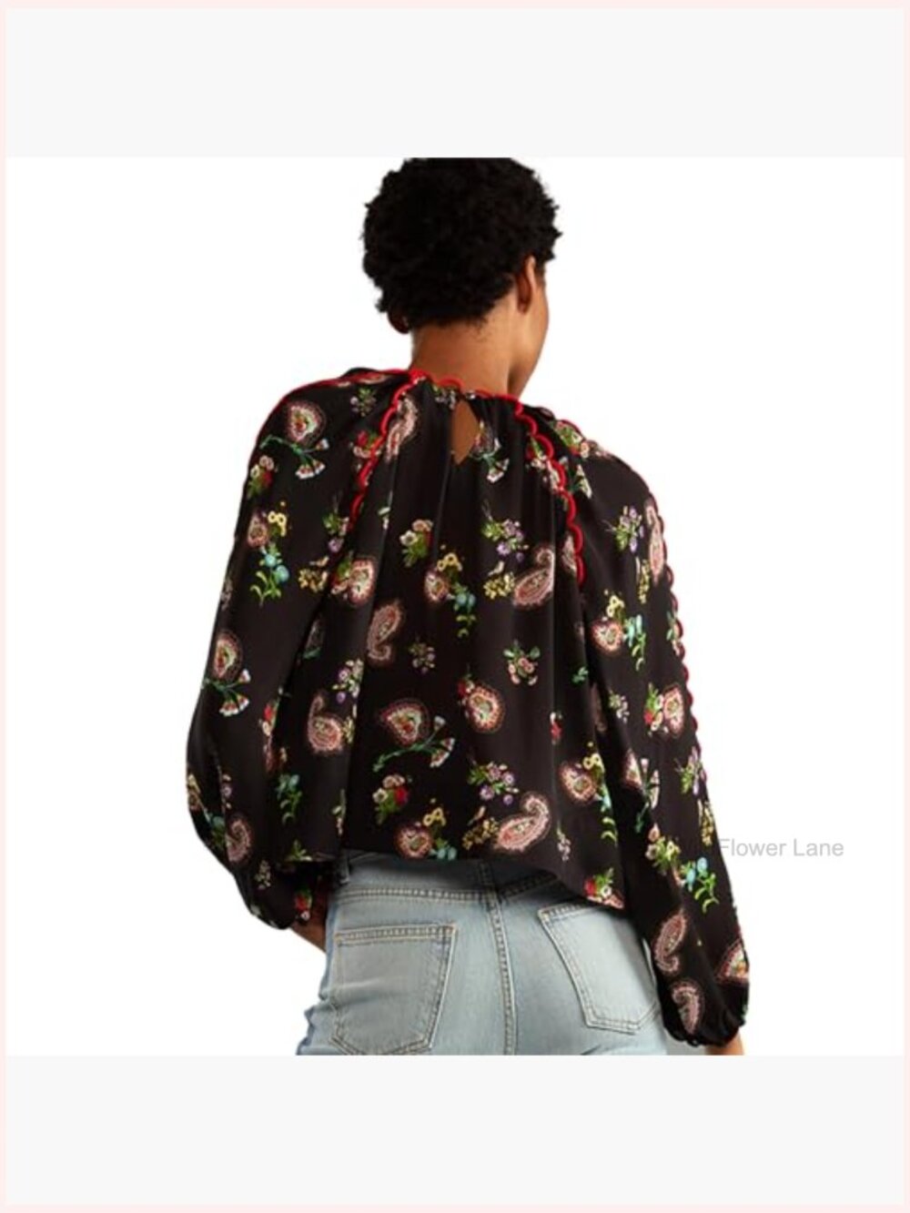 Mock Neck Paisley Print Silk Blouse with Puff Sleeves - Picture 6 of 7